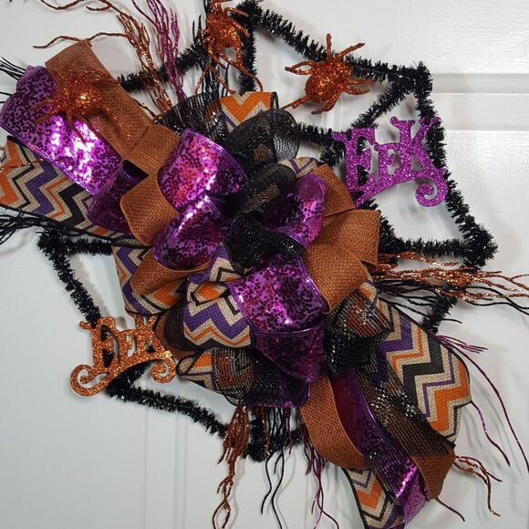 Halloween Orange Black Purple Glittered EEK Black Tinsel Spider Web Wreath - Picture 4 of 12